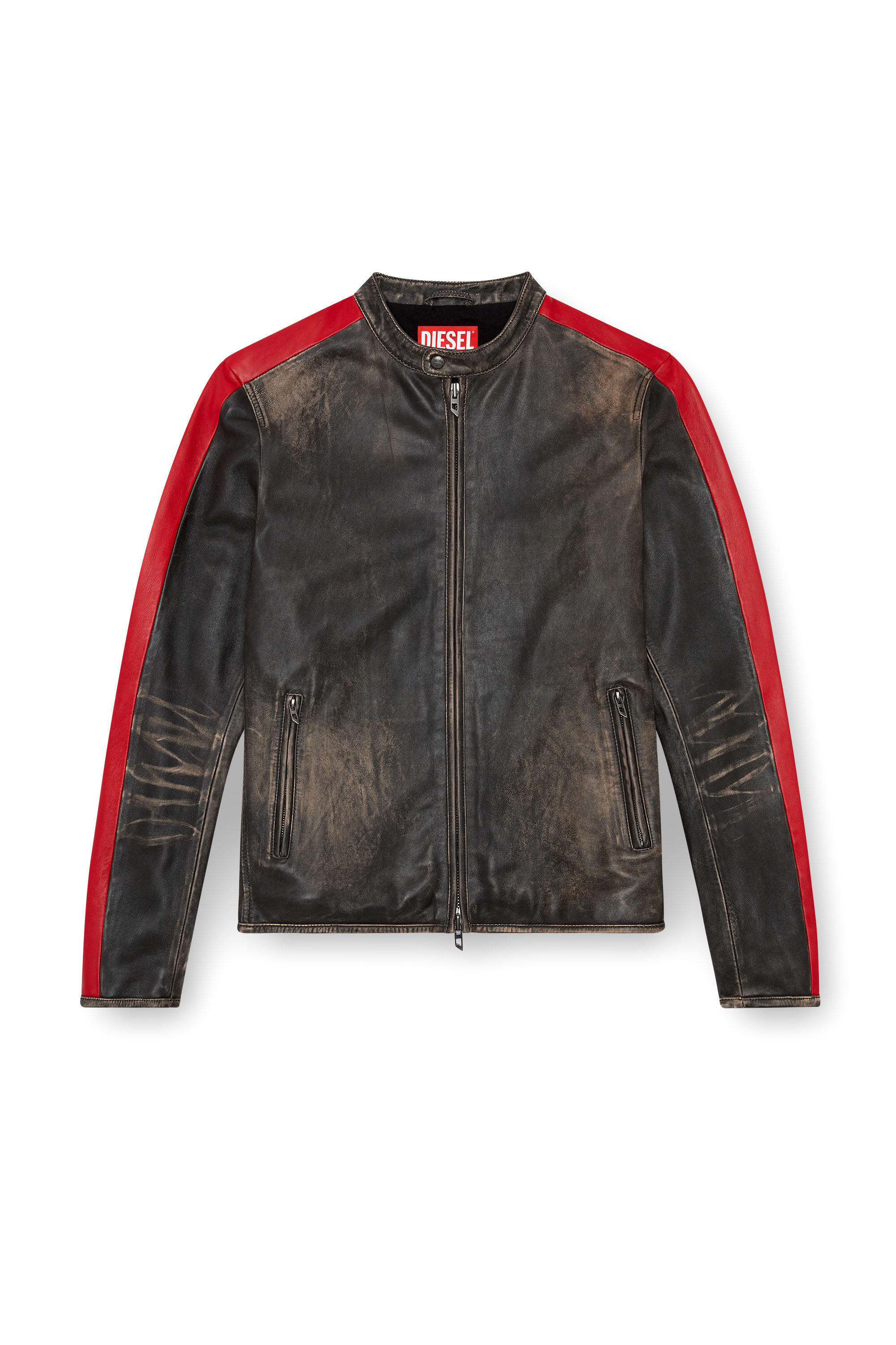 Diesel - L-RENN, Man's Leather jacket with contrasting stripes in Black/Red - 2