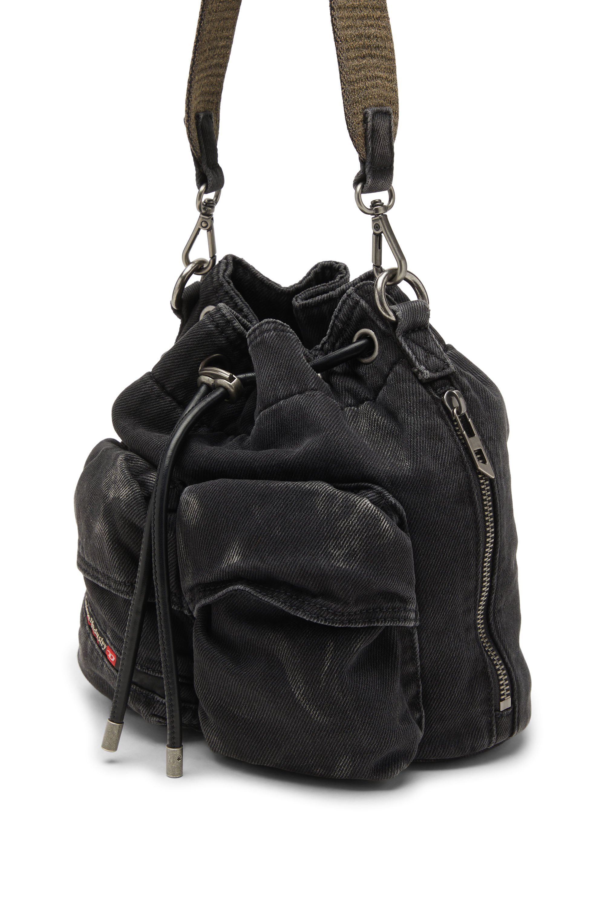 Diesel - MULTI-PKTS BUCKET X, Unisex's Multi-Pkts-Multipocket bucket bag in washed denim in Black - 2