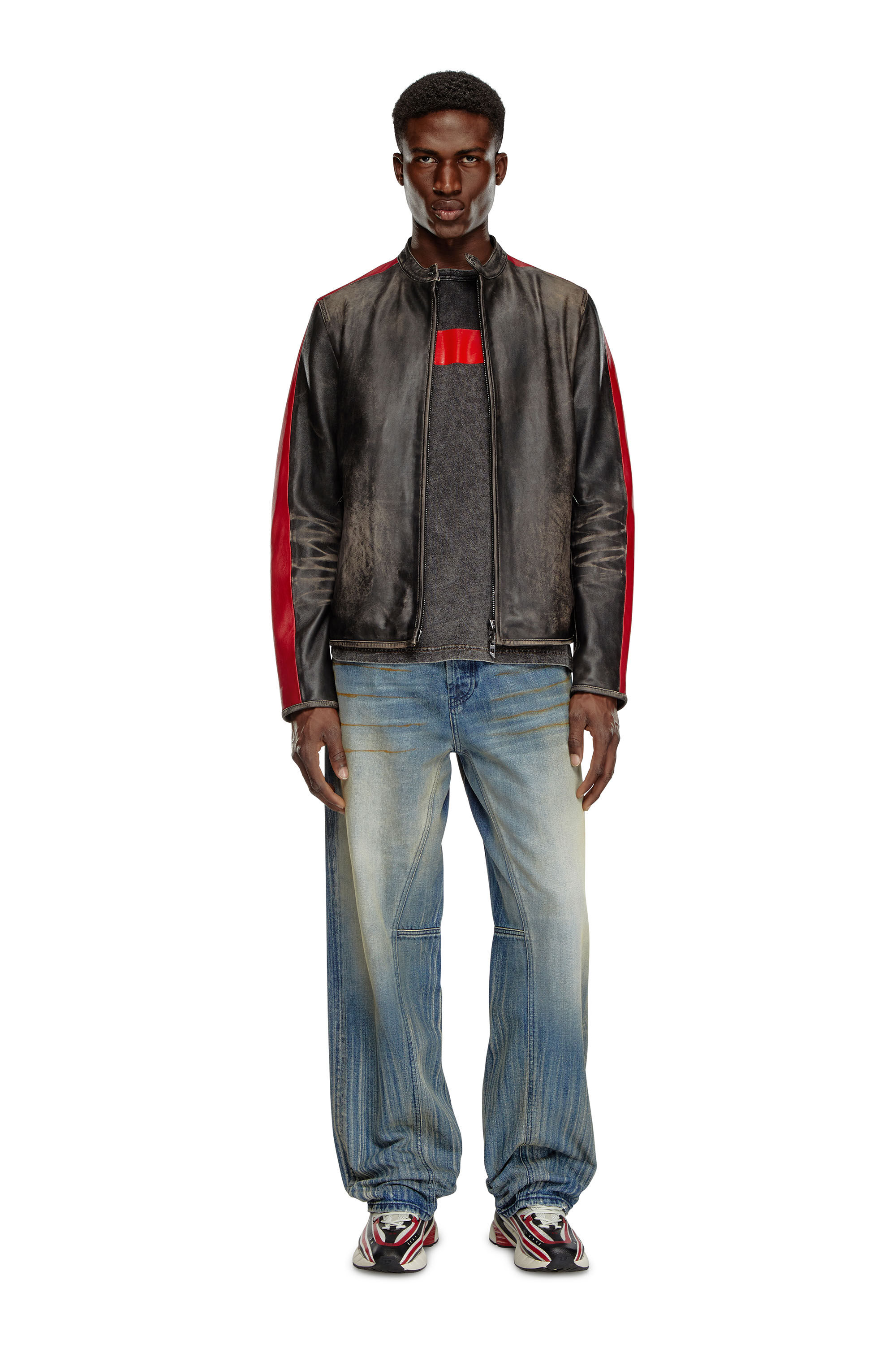 Diesel - L-RENN, Man's Leather jacket with contrasting stripes in Black/Red - 1