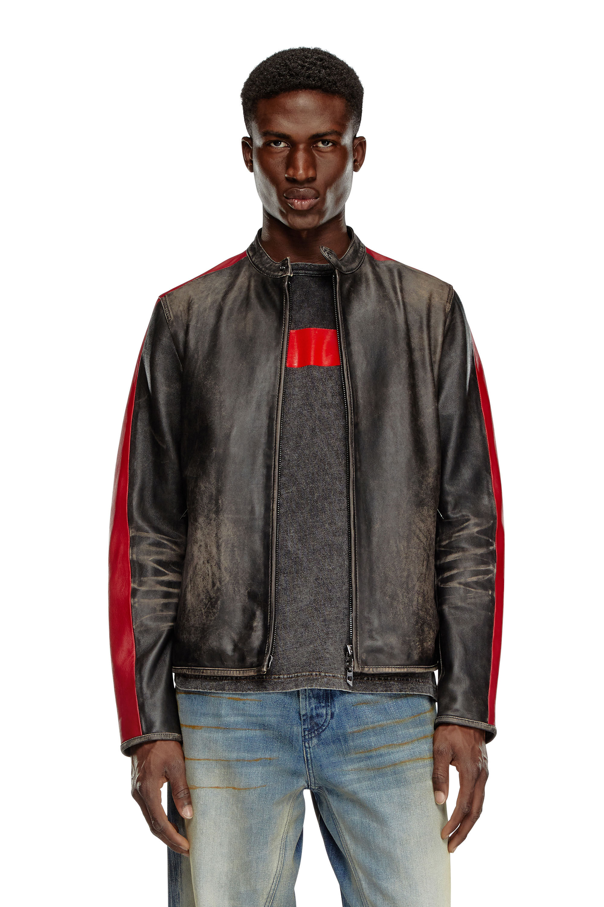 Diesel - L-RENN, Man's Leather jacket with contrasting stripes in Black/Red - 3