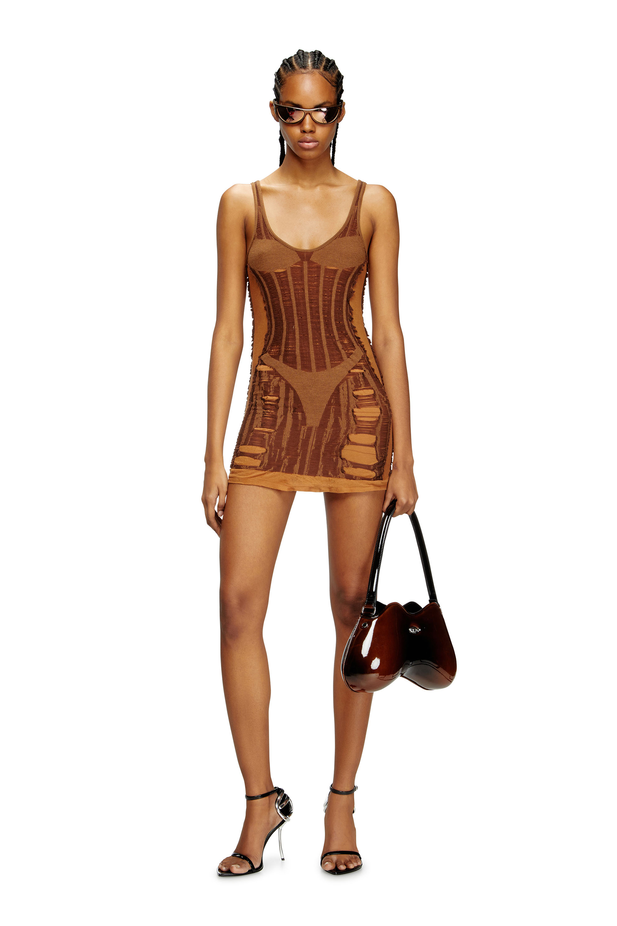Diesel - M-CALIMERA-SHORT, Woman's Mini dress in distressed second-skin knit in Brown - 3