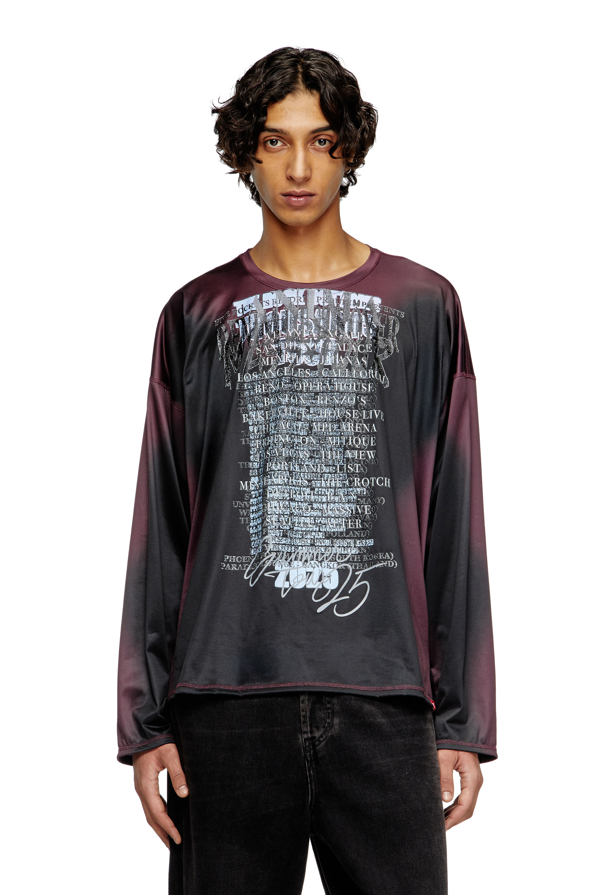 Diesel - T-OLAVI-AA, Unisex's Long-sleeve tech-jersey T-shirt with lyrics print in Black/Violet - 1