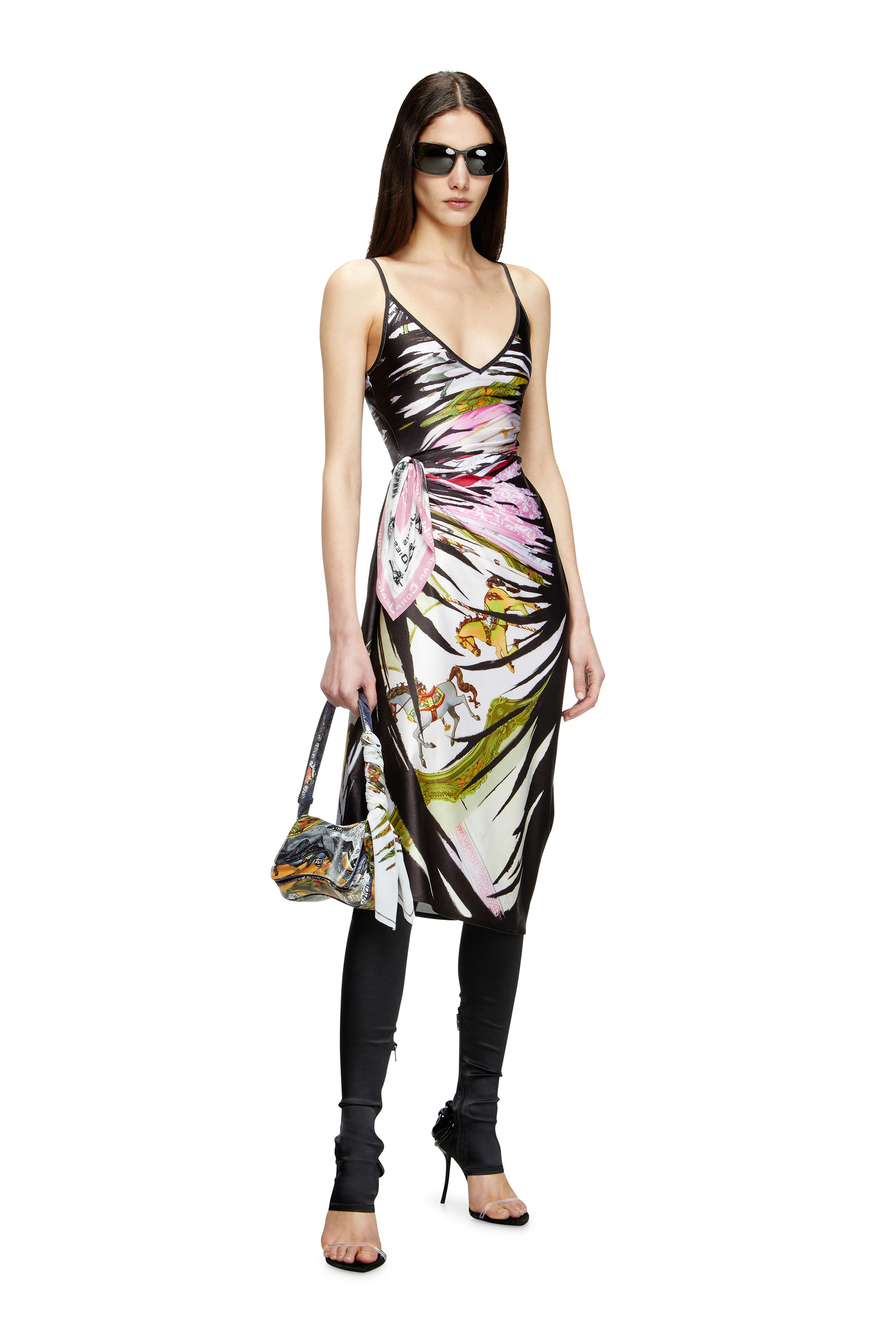 Diesel - D-OROTYS, Woman's Draped midi dress with bandana print in Black/White - 1
