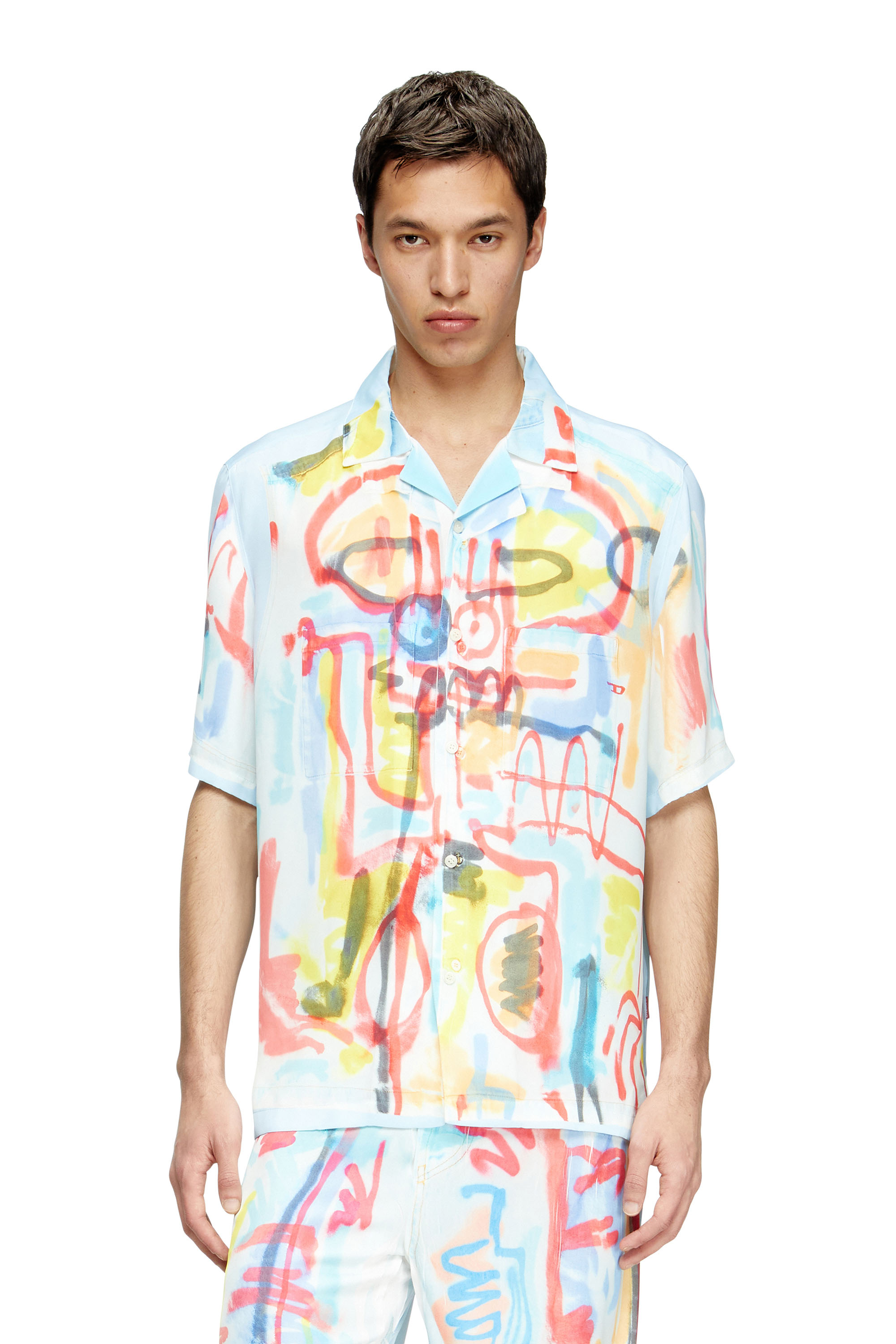 Diesel - C-PAROSHORT-GRAFFITI-AFR, Unisex's Satin bowling shirt with graffiti print in Light Blue - 1