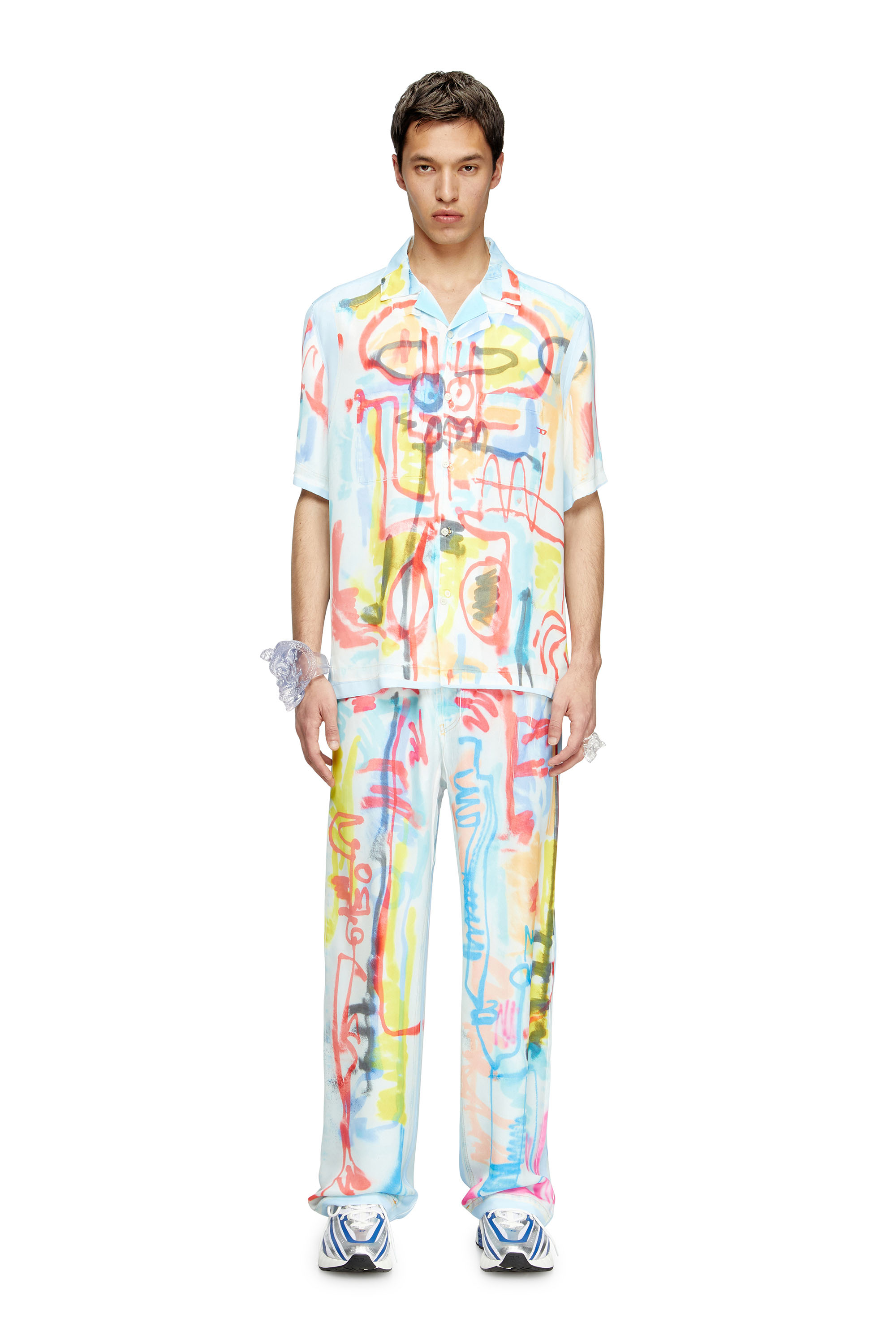 Diesel - C-PAROSHORT-GRAFFITI-AFR, Unisex's Satin bowling shirt with graffiti print in Light Blue - 2