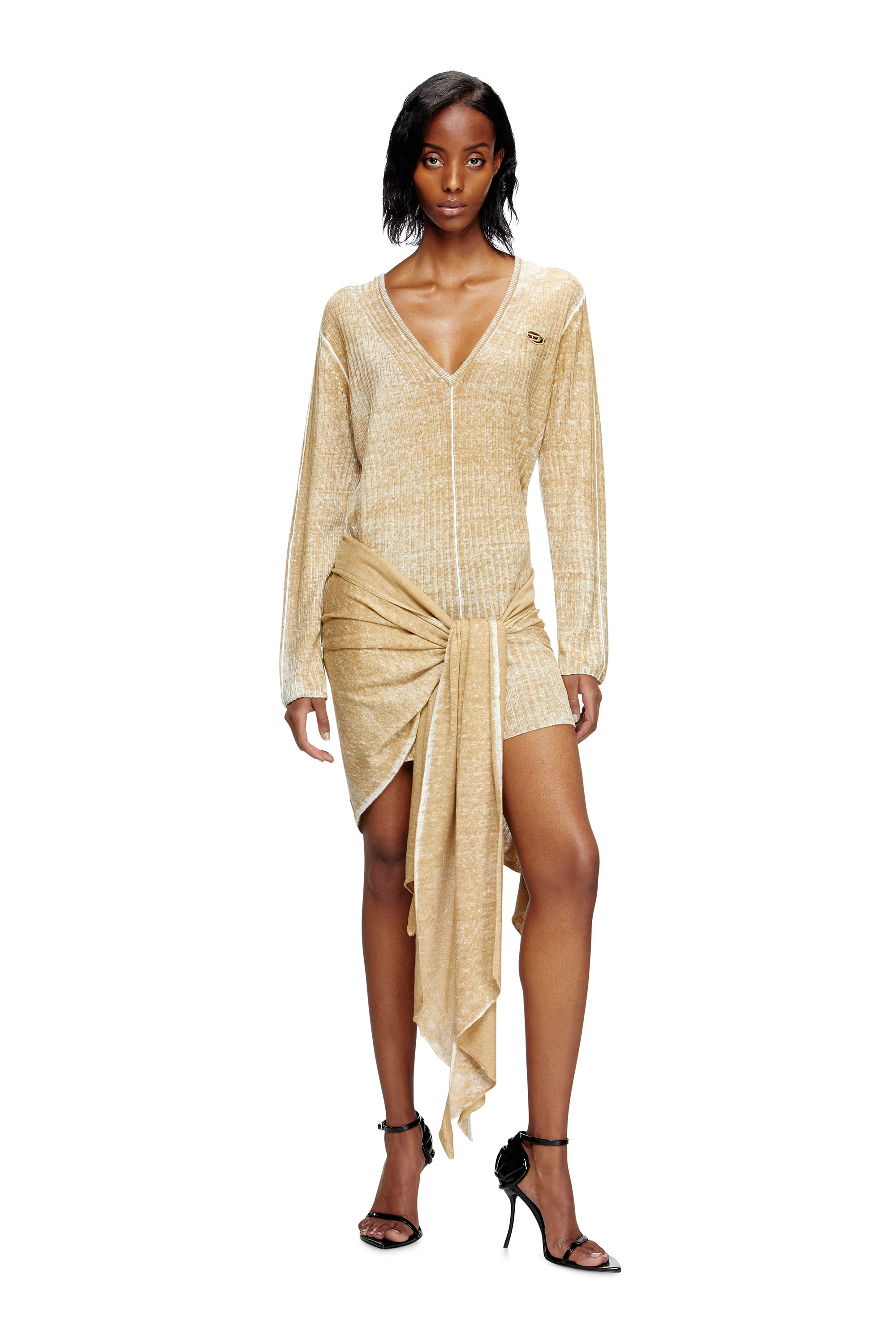 Diesel - M-EGAKNOT, Woman's Knitted dress with hip tie in Beige - 3
