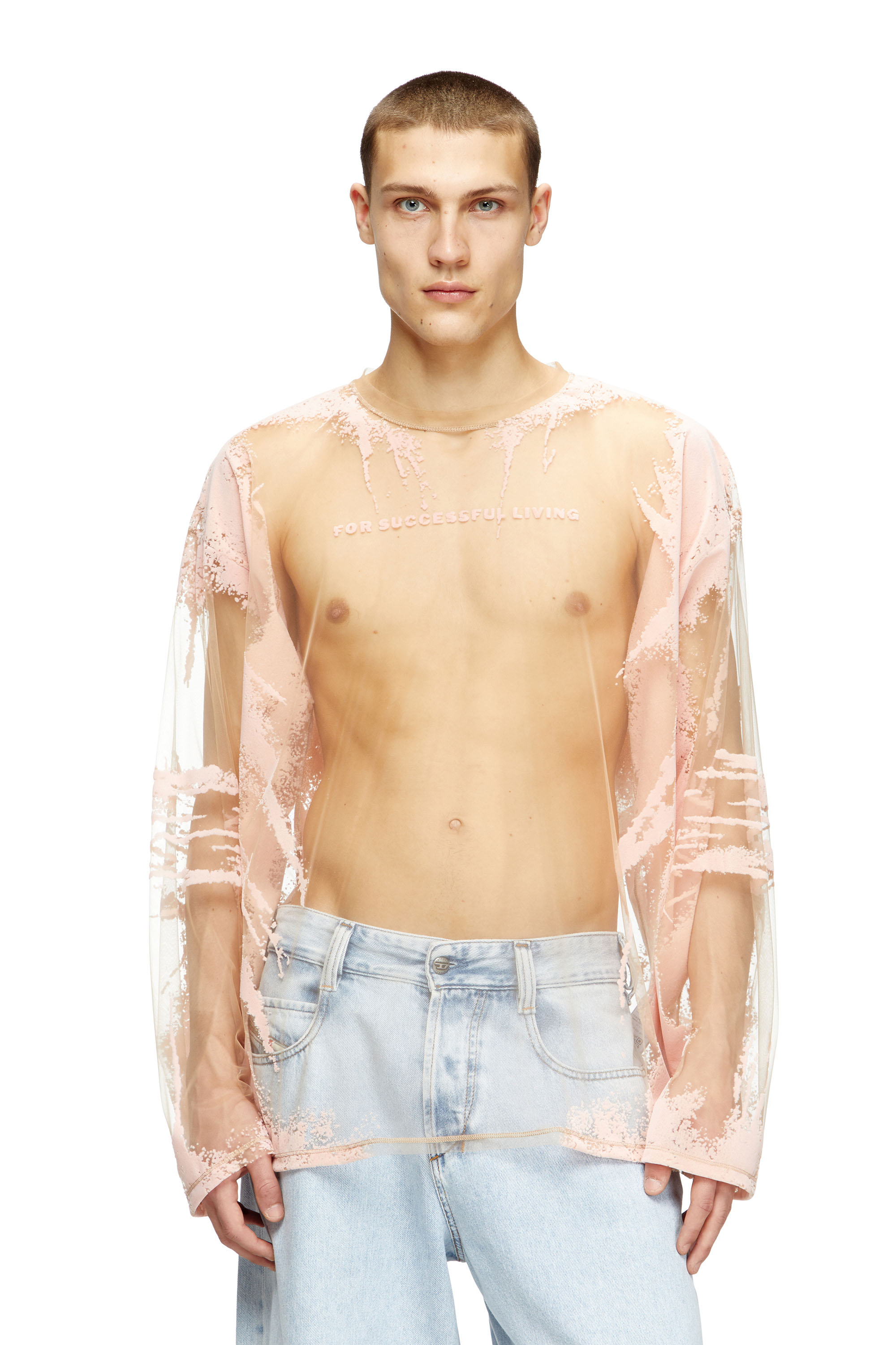 Diesel - T-HASSAN-LS-A, Unisex's Long-sleeve nylon T-shirt with lyrics print in Pink - 1