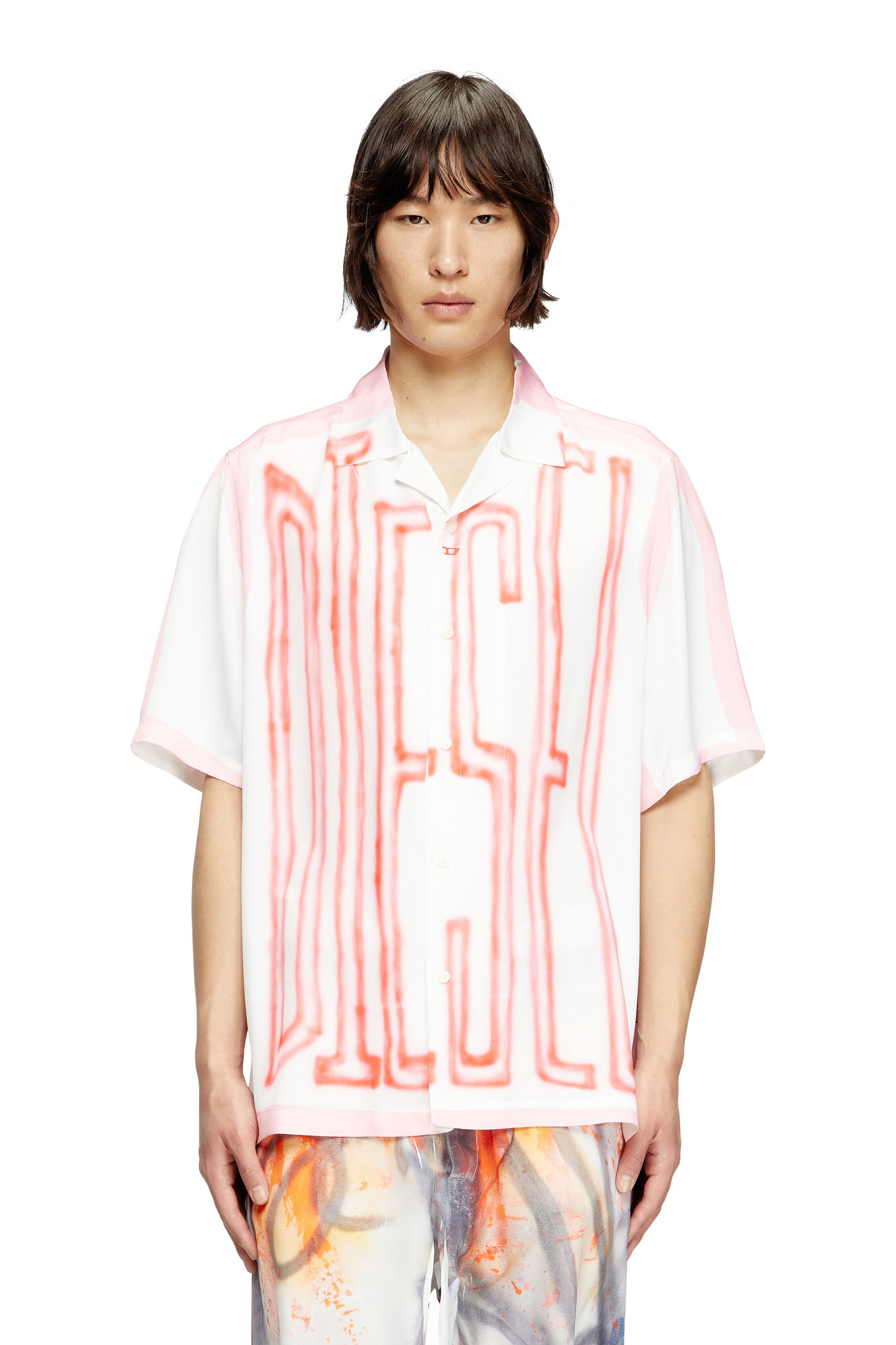 Diesel - C-PAROSHORT-GRAFFITI-FRA, Unisex's Satin bowling shirt with graffiti logo in Pink/White - 1